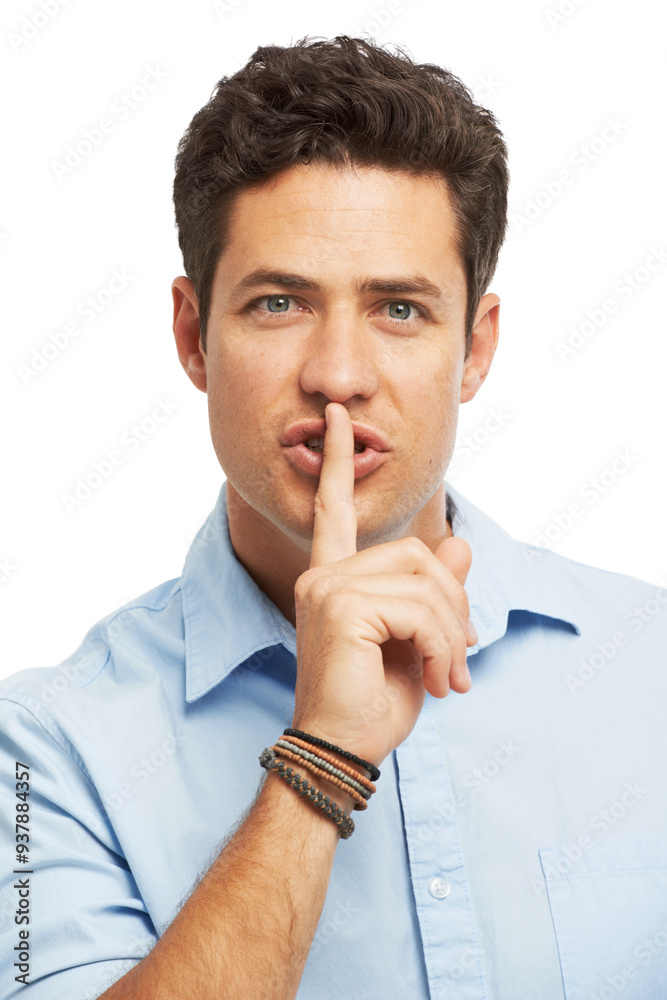Model, portrait and finger with hush, studio and silence for mystery announcement. Man, gossip and secret with rumor, whisper and emoji gesture for news or noise with privacy on white background