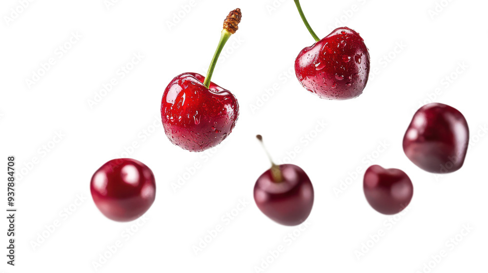 Suspended Cherries in Motion, Isolated on transparent background, PNG file