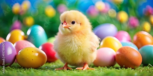 Colorful Easter chicken surrounded by decorated eggs, Easter, chicken, eggs, holiday, celebration, decoration, spring