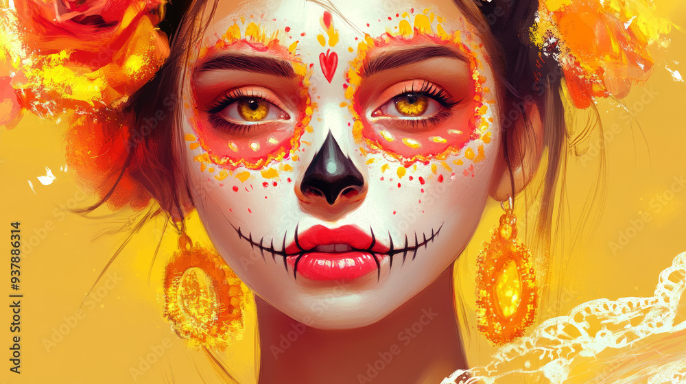 Close-up portrait of woman with sugar skull makeup and orange flowers on yellow background. Dia de los Muertos celebration. Design for posters, greeting cards, and cultural events. Close-up portrait of woman with sugar skull makeup and orange flowers on yellow background. Dia de los Muertos celebration. Design for posters, greeting cards, and cultural events.