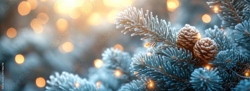 Frost-covered pine cones and branches, illuminated by warm holiday lights, creating a festive and cozy winter atmosphere Frost-covered pine cones and branches, illuminated by warm holiday lights, creating a festive and cozy winter atmosphere