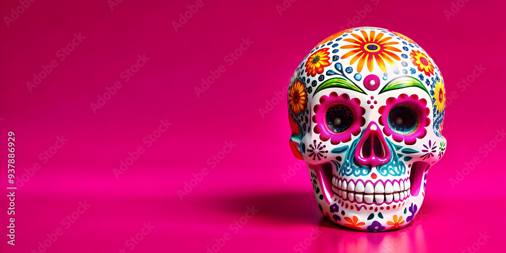 3D Glossy Skull with Holographic Papel Picado concept as Mid shot of a glossy skull with holographic papel picado hanging above isolated on a white background creating a vibrant and cultural Dia de Mu