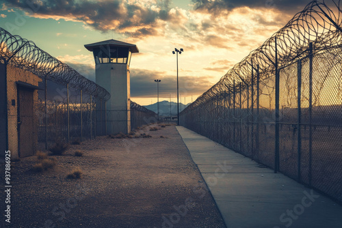 A prison yard surrounded by barbed wire fences and guard towers at sunset, depicting a high-security facility.

