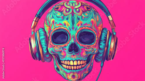 Illustration of Vibrant sugar skull with headphones on a vibrant pink background. Day of the Dead-inspired digital art. 