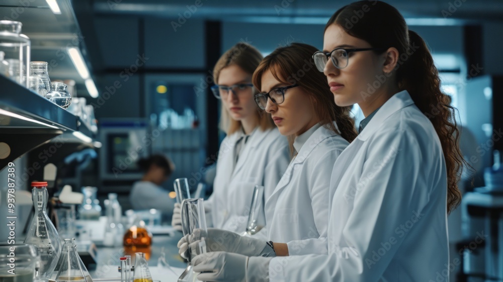 Group of medical or scientific students in lab interior. Neural network ai generated art