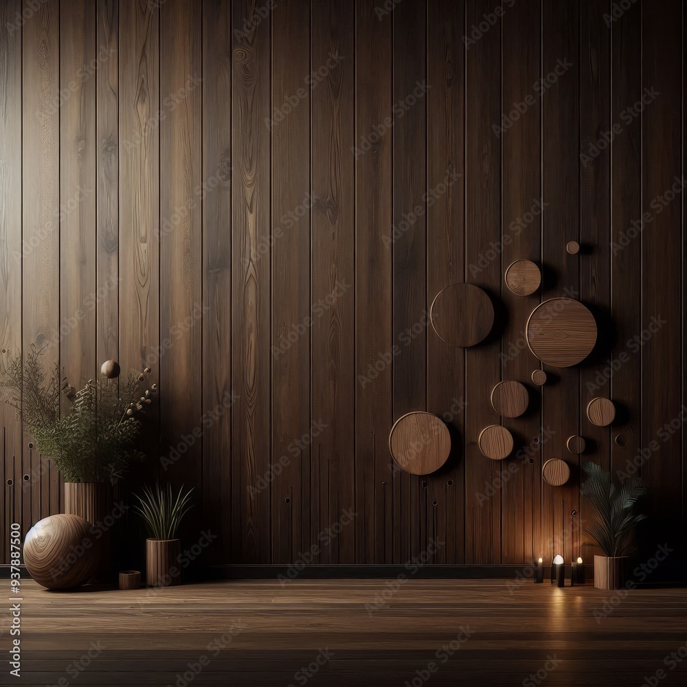 A dark wood wall with a wooden background with a few small circles on the bottom
