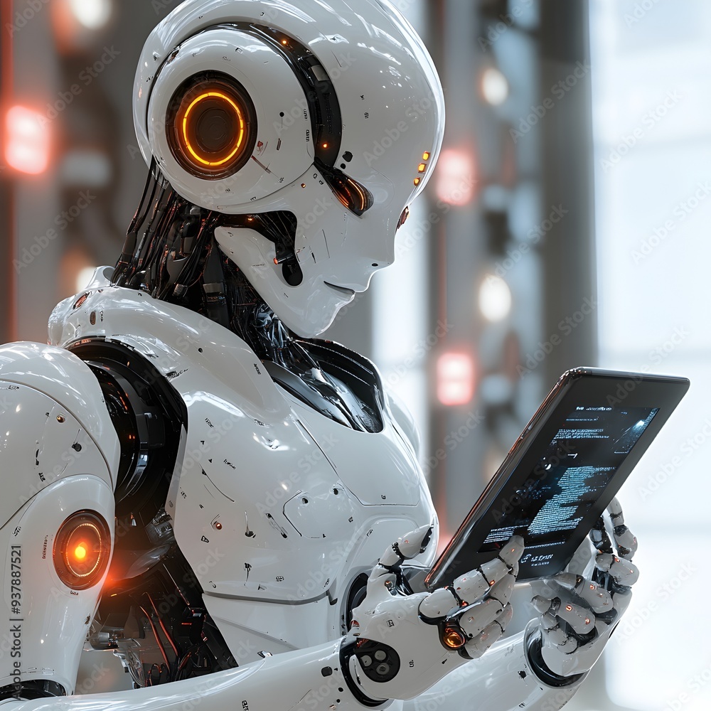 Fototapeta premium Futuristic Using Digital Interface on Cyberpunk Inspired Robotic Arm