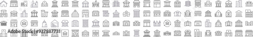Various Houses and Constructions Line Icon Bundle. Modern Collection for Design, Web Sites, Apps, Cards. Contains Linear Images of Apartment Buildings, Banks, Stores, Hospitals