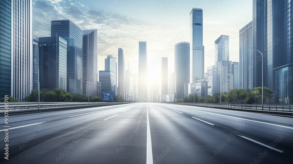 A high-speed highway stretches across the foreground, with a blank asphalt street ideal for car advertising, while the city skyline and modern skyscrapers rise in the background under bright sunlight. A high-speed highway stretches across the foreground, with a blank asphalt street ideal for car advertising, while the city skyline and modern skyscrapers rise in the background under bright sunlight.