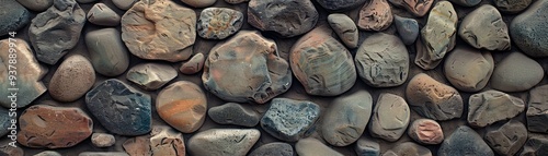 A close-up view of smooth, textured stones arranged in a natural pattern, showcasing earthy colors and organic shapes. photo