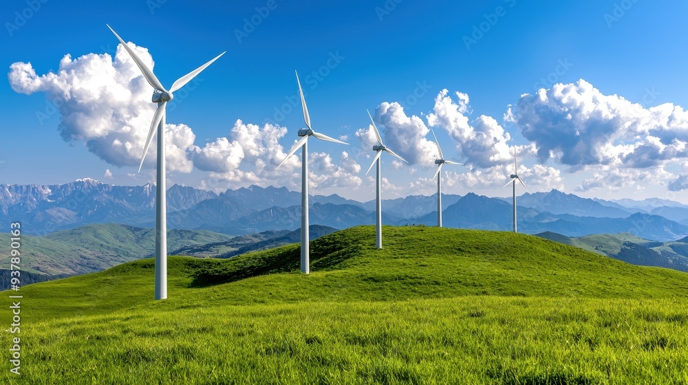 A scenic view of wind turbines on a lush green hill with mountains and clouds in the background, showcasing renewable energy. A scenic view of wind turbines on a lush green hill with mountains and clouds in the background, showcasing renewable energy.
