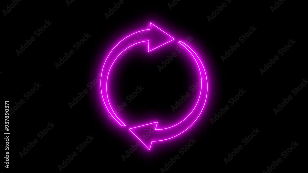 Neon refresh sign icon with Circle arrow rotation animated on black background.