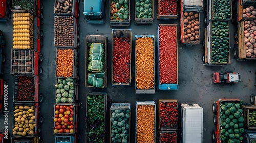 Wallpaper Mural Aerial view of vibrant fruit and vegetable trucks lined up at a market, showcasing colorful produce for sale. Torontodigital.ca