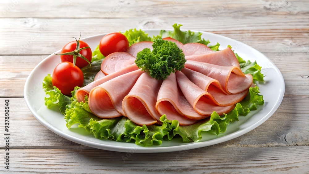 Sliced ham on a white plate with tomatoes and lettuce , food, ham, sliced, plate, fresh, appetizer, delicious, meal, protein, pork Sliced ham on a white plate with tomatoes and lettuce , food, ham, sliced, plate, fresh, appetizer, delicious, meal, protein, pork