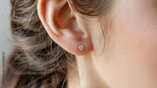 Close up of a woman's ear with a diamond stud earring.
