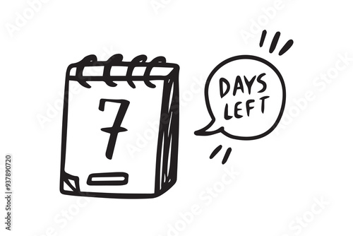 7 days left. Doodle calendar symbol for days left for promotion icon. hand drawn isolated style