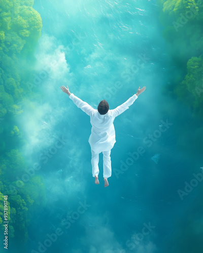 Wallpaper Mural 'Person jumping into calm turquoise water and greenery.' Torontodigital.ca