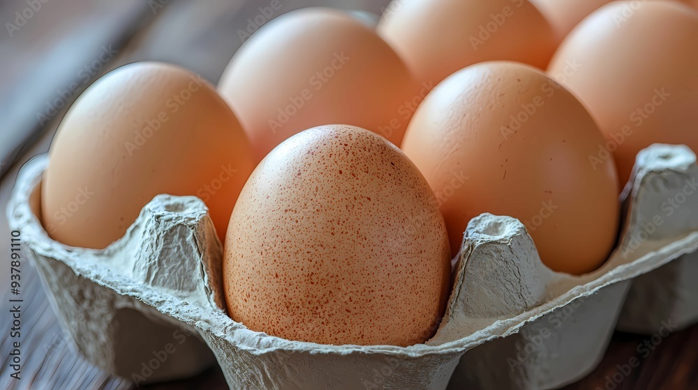 Fresh brown eggs in a carton ready for cooking or baking on a rustic wooden table.