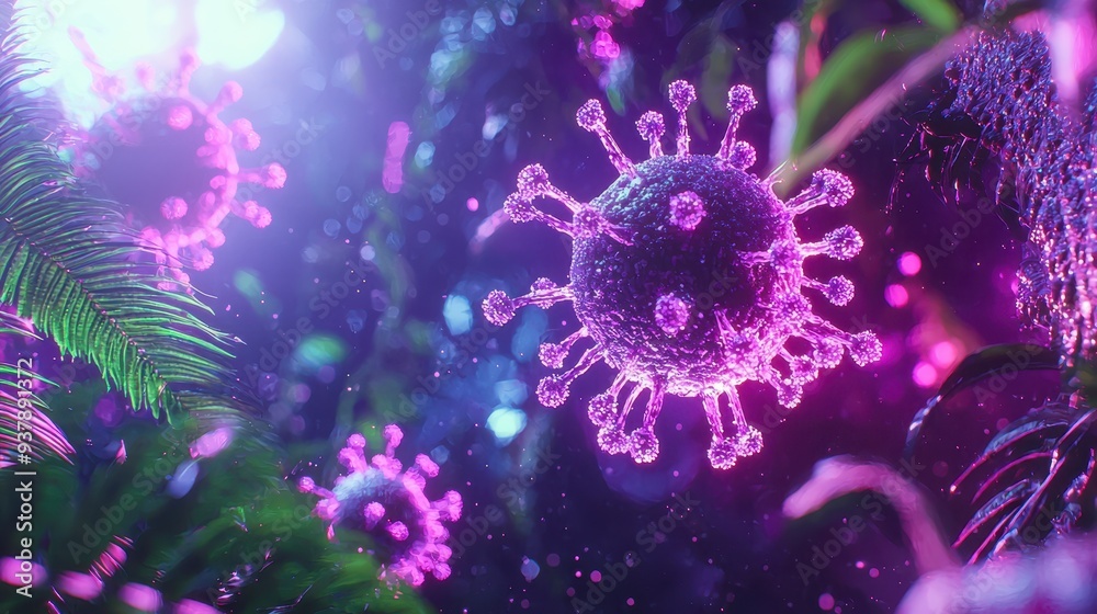 D Render of Virus Particles in Neon Purple and Green Light D Render of Virus Particles in Neon Purple and Green Light