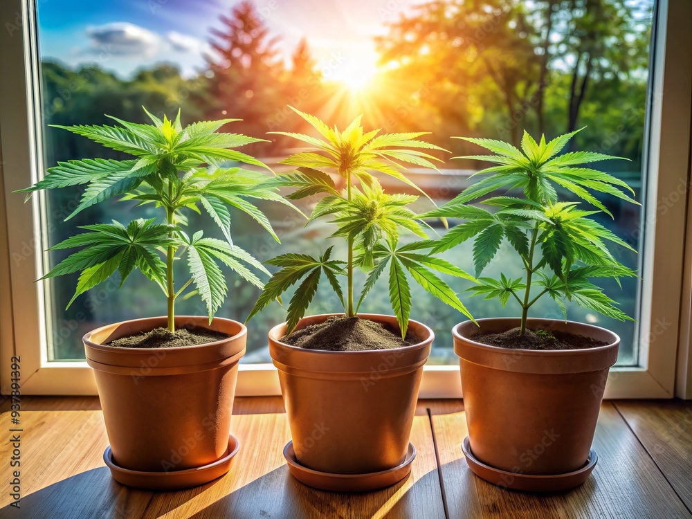 Three lush green cannabis plants in a flower pot sit on a sunny windowsill, their leaves and buds a vibrant display of natural beauty and serenity. Three lush green cannabis plants in a flower pot sit on a sunny windowsill, their leaves and buds a vibrant display of natural beauty and serenity.
