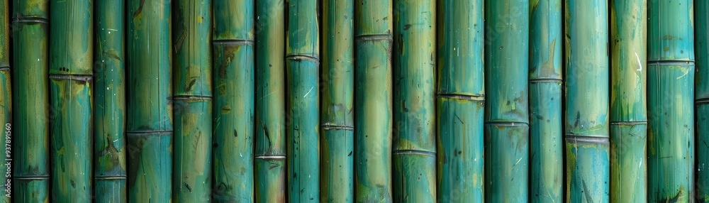 Close-up of green bamboo poles showcasing natural texture and color, ideal for eco-friendly designs and backgrounds.