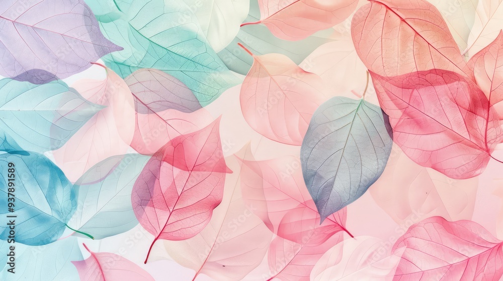 Colorful translucent leaves in pastel hues overlaying each other on a soft background, creating a delicate and airy visual effect. Nature concept. Colorful translucent leaves in pastel hues overlaying each other on a soft background, creating a delicate and airy visual effect. Nature concept.