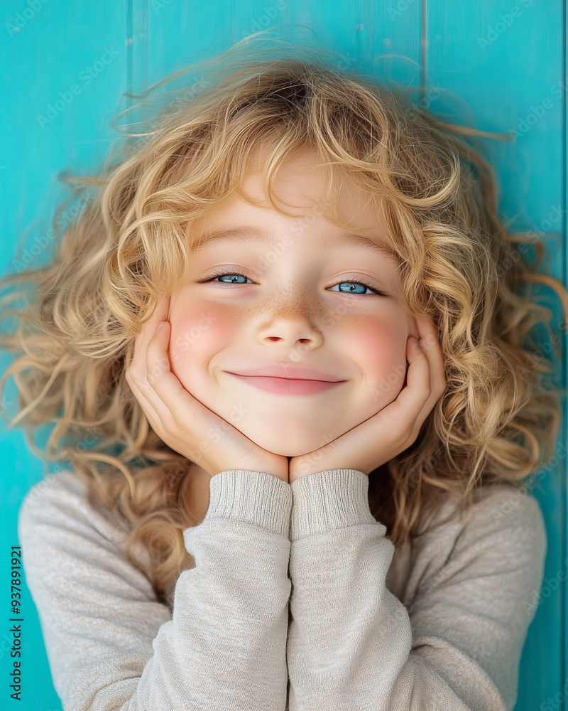 Curly-haired child resting on hands, blue backdrop Curly-haired child resting on hands, blue backdrop