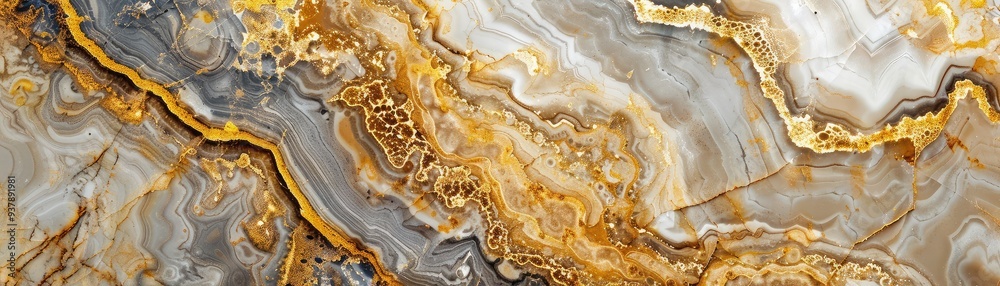 Obraz premium Elegant natural stone surface featuring mesmerizing patterns in gold and gray hues, perfect for interior design and art projects.