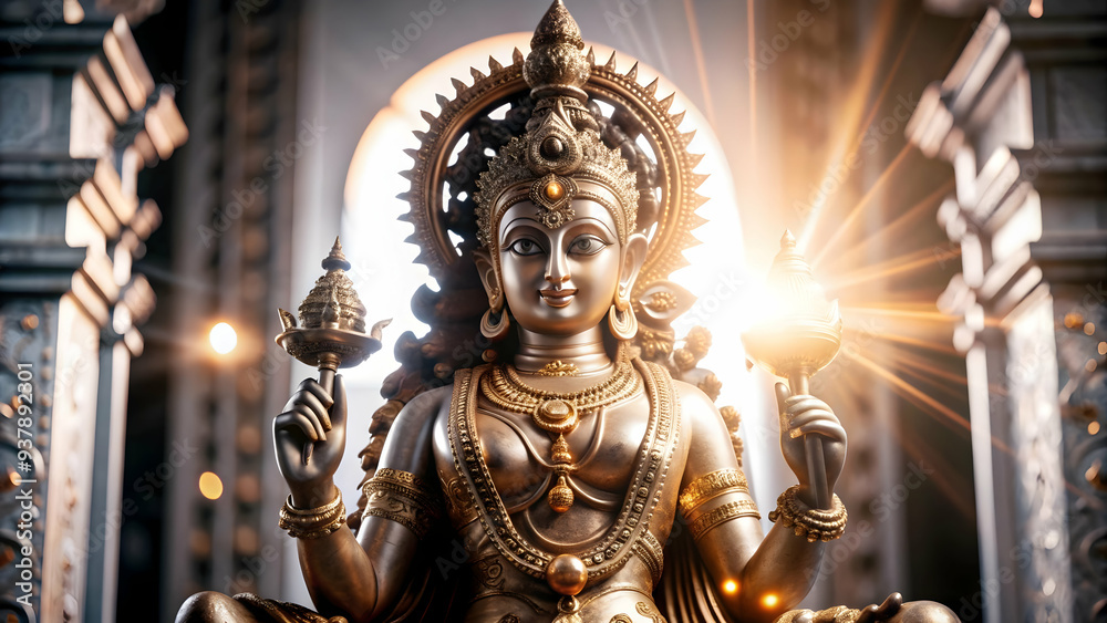 3D Glowing Deity Statue concept as Mid shot of a deity statue glowing in a soft golden light inside a temple with a glossy finish on the statue enhancing the divine and serene atmosphere perfect for D