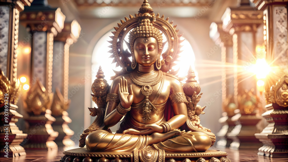 3D Glowing Deity Statue concept as Mid shot of a deity statue glowing in a soft golden light inside a temple with a glossy finish on the statue enhancing the divine and serene atmosphere perfect for D