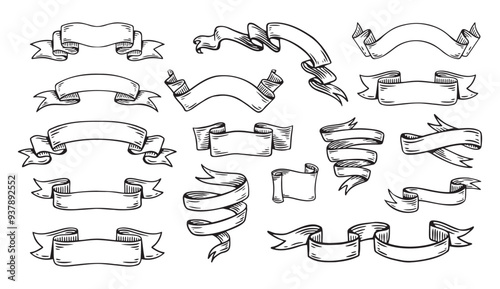 Hand drawn ribbons vintage set. Doodle style black color sketch. Isolated elements.