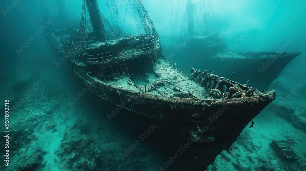 Sunken Shipwrecks in Deep Ocean Waters - Eerie, sunken shipwrecks lie undisturbed on the ocean floor, shrouded in deep, mysterious waters, evoking tales of the lost and forgotten. Sunken Shipwrecks in Deep Ocean Waters - Eerie, sunken shipwrecks lie undisturbed on the ocean floor, shrouded in deep, mysterious waters, evoking tales of the lost and forgotten.