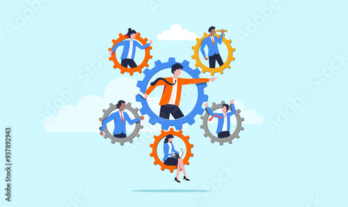 Teamwork or resource management, roles and responsibilities, work delegation, role definition or supervision, job position or organization concept, business man on gear cogwheels work with employees