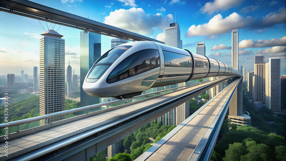 Naklejka premium A levitating transport train passes through a city of the future, where modern buildings and advanced infrastructure are visible.