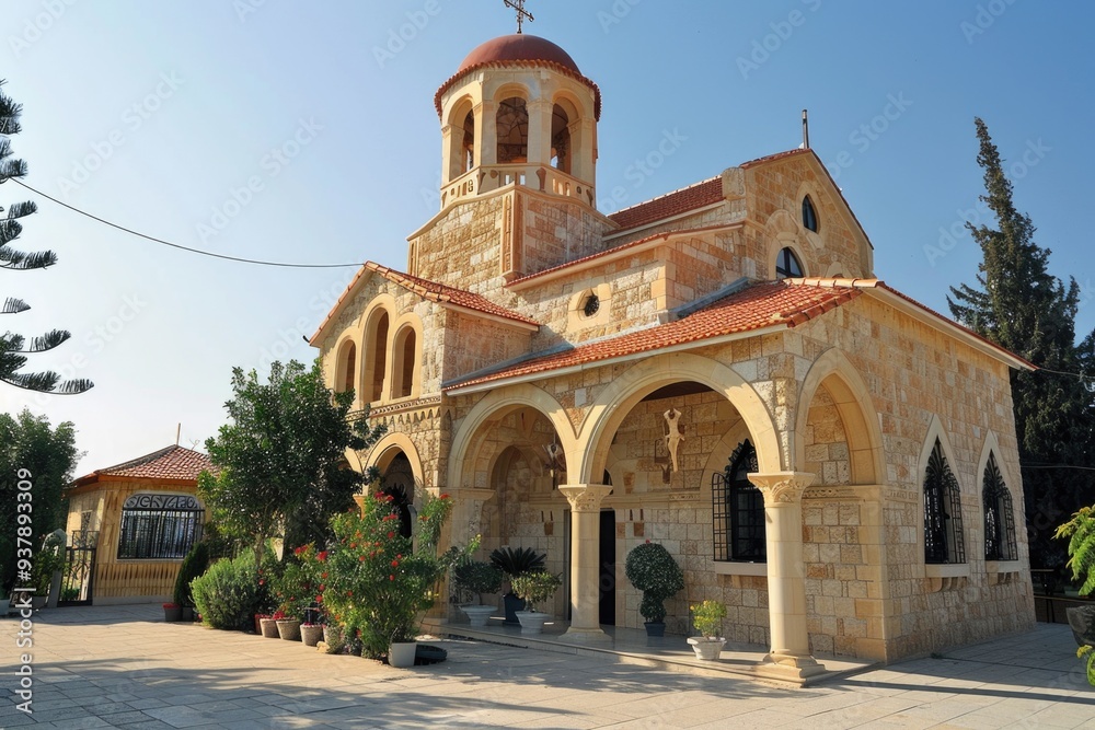 A large stone building with a bright red roof, suitable for use in architectural or historical context A large stone building with a bright red roof, suitable for use in architectural or historical context