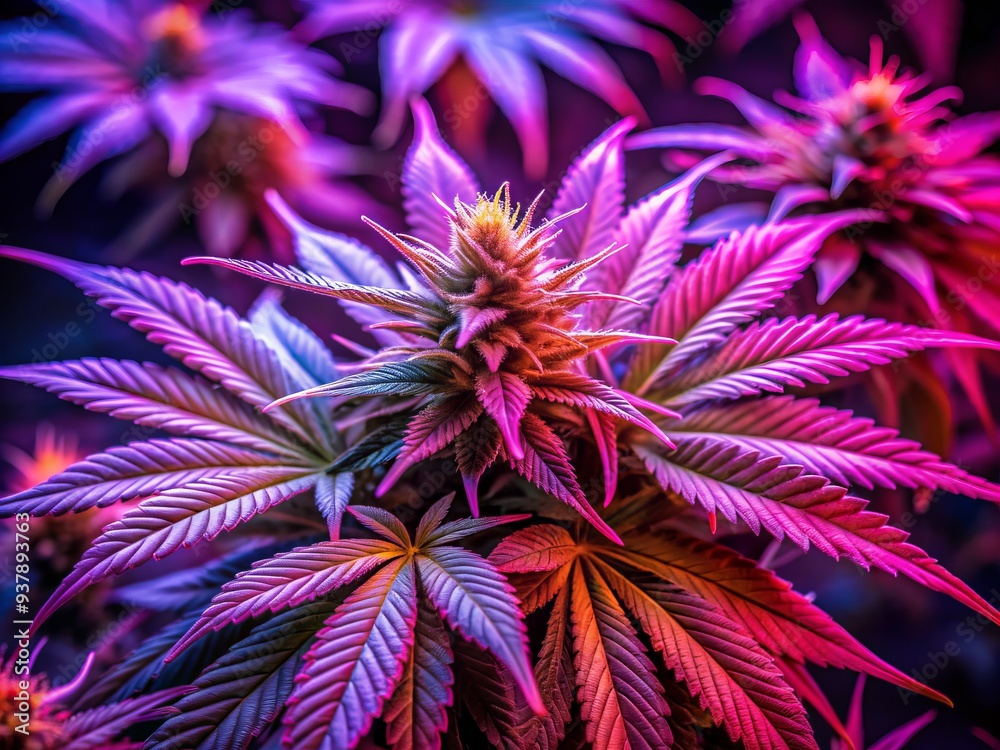 Vibrant neon pink cannabis leaves shimmer in the light, showcasing intricate details and trichomes on the dense, flowering buds of a mature marijuana plant. Vibrant neon pink cannabis leaves shimmer in the light, showcasing intricate details and trichomes on the dense, flowering buds of a mature marijuana plant.