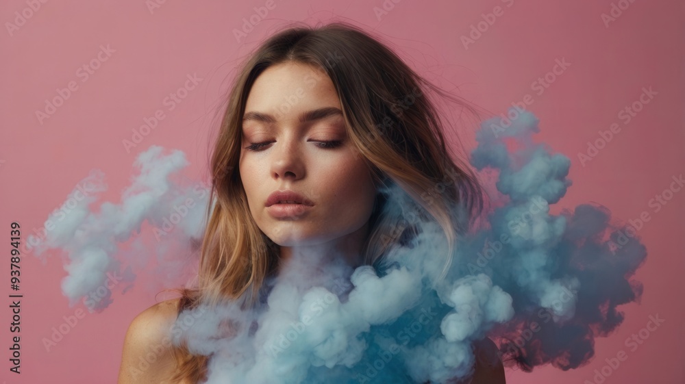 A woman is surrounded by blue smoke, with her face and hair covered in it A woman is surrounded by blue smoke, with her face and hair covered in it