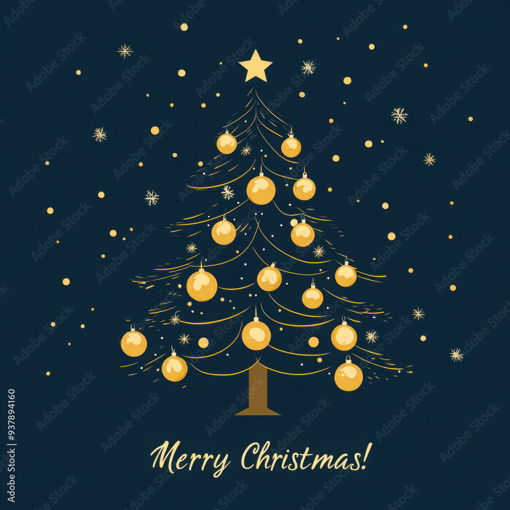 Fototapeta premium Stylized Christmas tree with golden ornaments and star on dark background, with