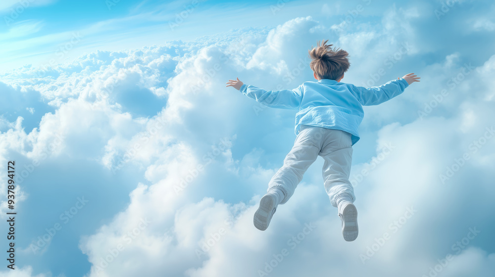 Child floating joyfully above fluffy clouds in daylight Child floating joyfully above fluffy clouds in daylight