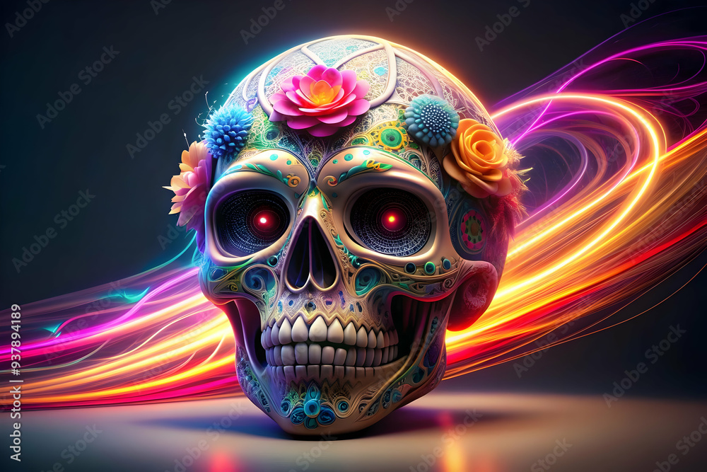 3D Glowing Sugar Skull with Digital Light Trails concept as A digital artwork showcasing a glowing sugar skull surrounded by flowing light trails set against an abstract background. The design emphasi