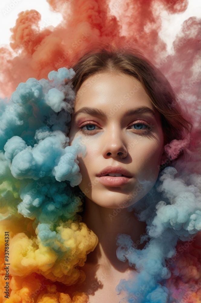 A woman is surrounded by colorful smoke, with her face