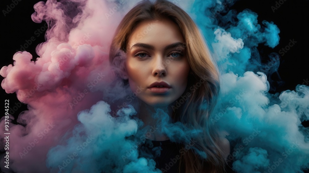A woman is in the middle of a cloud of smoke A woman is in the middle of a cloud of smoke