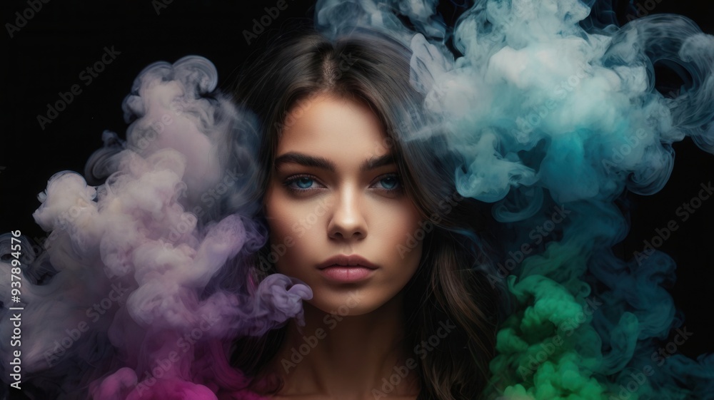 A woman with blue eyes stands in front of a cloud of colorful smoke A woman with blue eyes stands in front of a cloud of colorful smoke