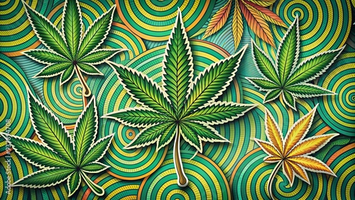 Vibrant green psychedelic cannabis plant stickers adorn a retro 50s art inspired weed drug background, evoking a groovy nostalgia with colorful, swirling patterns. photo