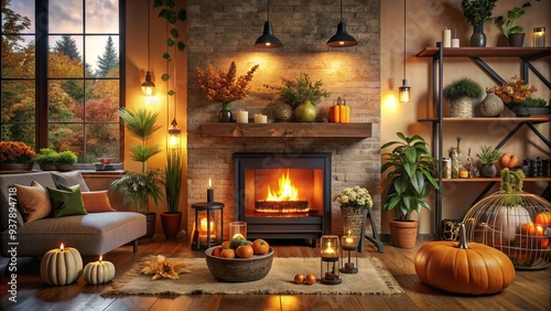 Cozy autumnal living room with crackling black metal fireplace, firewood, and Halloween decorations, surrounded by warm lighting and a lush indoor potted plant.