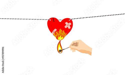 State of mind, love fire burning broken heart. Burning a broken heart from love in the flame from a matchstick.