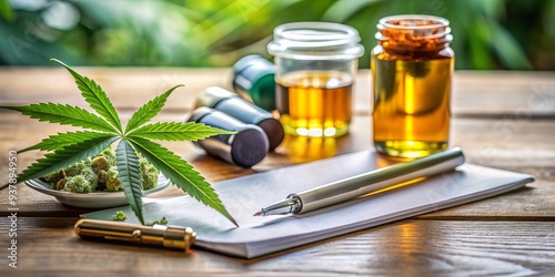 A blurred background with a desk, pen, and prescription pad, featuring a prescription drug bottle with cannabis leaves and rolled joints beside it. photo