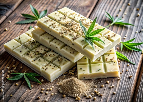 Delicately crafted white chocolate bars infused with hemp seeds, creatively arranged on a rustic wooden table, symbolizing the legalization of cannabis as a sweet indulgence. photo