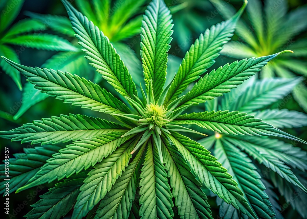 Obraz premium Vibrant green cannabis leaf with intricate veins and delicate trichomes, softly focused background highlighting the plant's natural beauty and potent details.