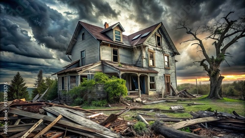 Abandoned, ravaged house with shattered windows, crumbling walls, and debris-strewn yard, a haunting testament to nature's fury and the devastating impact of natural disasters. photo